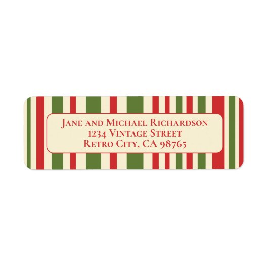  Retro Christmas Stripes Rood Groen Crème Etiket (Voorkant)