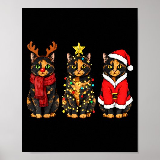 Retro Christmas Tortoiseshell Cat Santa Reindeer  Poster (Voorkant)