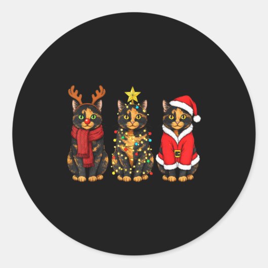 Retro Christmas Tortoiseshell Cat Santa Reindeer Ronde Sticker (Voorkant)