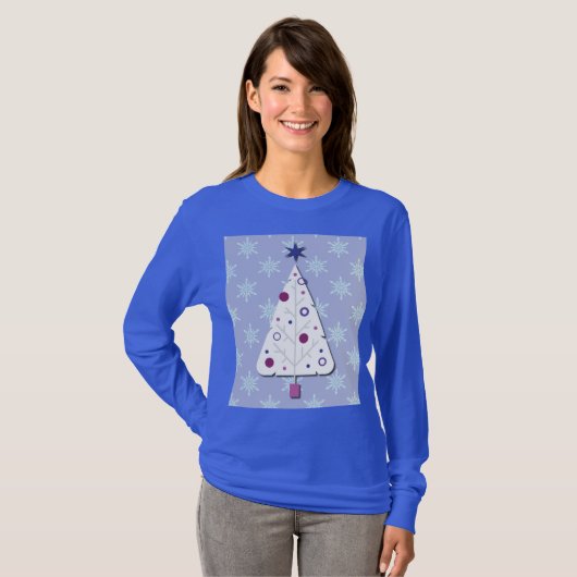 Retro Christmas Tree and Snowflakes Art on T-Shirt (Voorkant volledig)