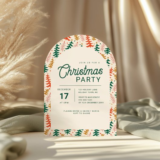 Retro Christmas Tree Party Arch Invitation Kaart