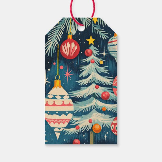 Retro Christmas Trees Ornaments Cadeaulabel (Voorkant)