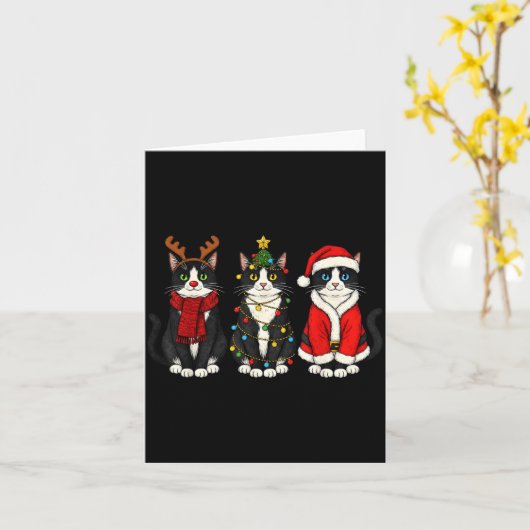 Retro Christmas Tuxedo Cat Santa Reindeer  Kaart (Gele Bloem)