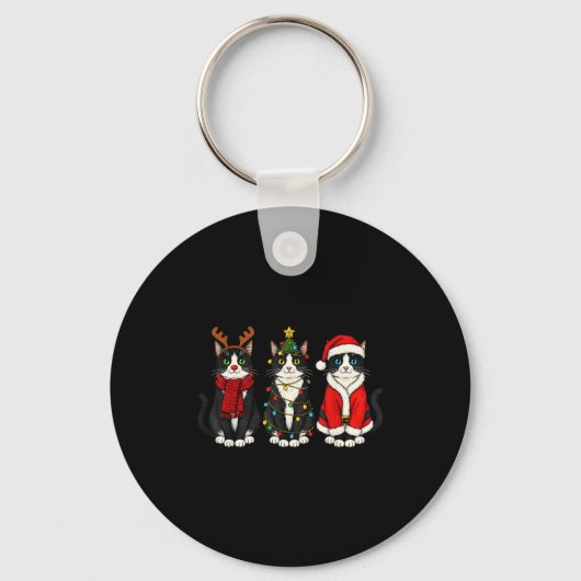 Retro Christmas Tuxedo Cat Santa Reindeer  Sleutelhanger (Voorkant)
