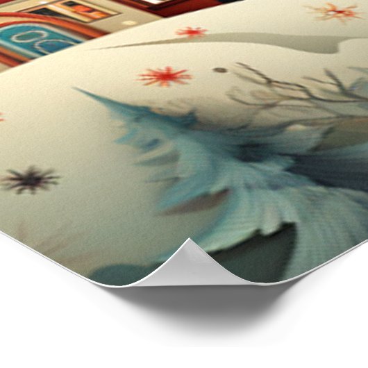 Retro Christmas Village Pine Trees Snow Poster (Hoek)