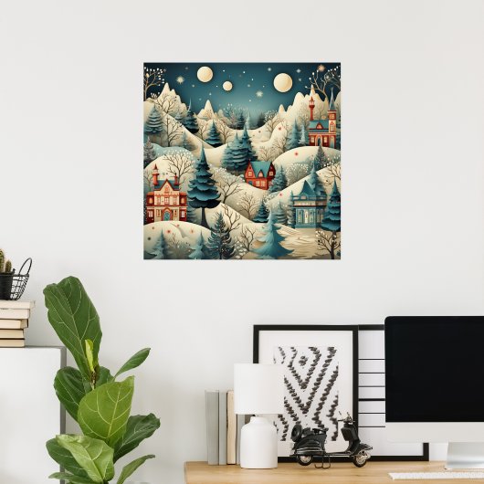  Retro Christmas Village Pine Trees Snow Poster (Thuiskantoor)