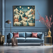 Retro Christmas Village Pine Trees Snow Poster