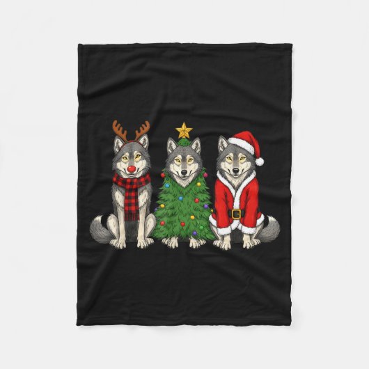 Retro Christmas Wolf Santa Reindeer  Fleece Deken (Voorkant)