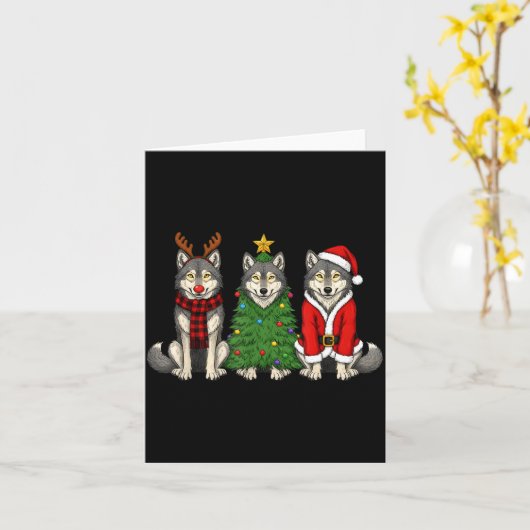Retro Christmas Wolf Santa Reindeer  Kaart (Gele Bloem)