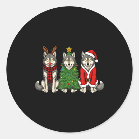 Retro Christmas Wolf Santa Reindeer Ronde Sticker (Voorkant)
