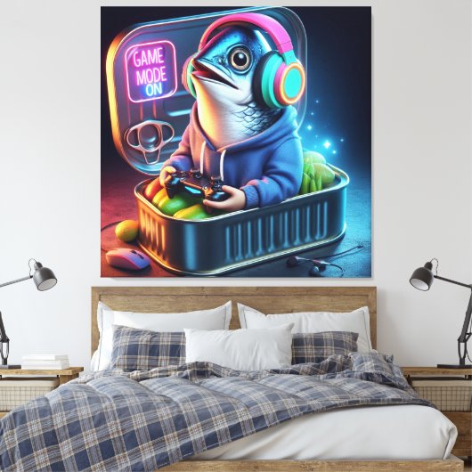 Retro Chunky Sardine Gamer Deep Sea Vibes Art Canvas Afdruk (Insitu (Slaapkamer))