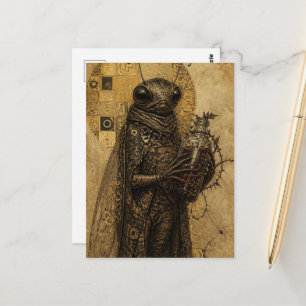 retro cicade insect houdt een fles met braamstruik briefkaart