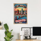 Retro Cincinnati Ohio Queen City Reisposter Poster (Thuiskantoor)