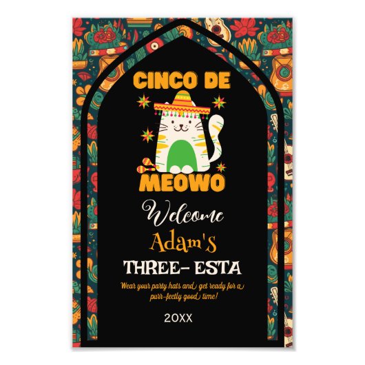 Retro Cinco De Mayo- Schattigee Cat Three-esta Wel Foto Afdruk (Voorkant)