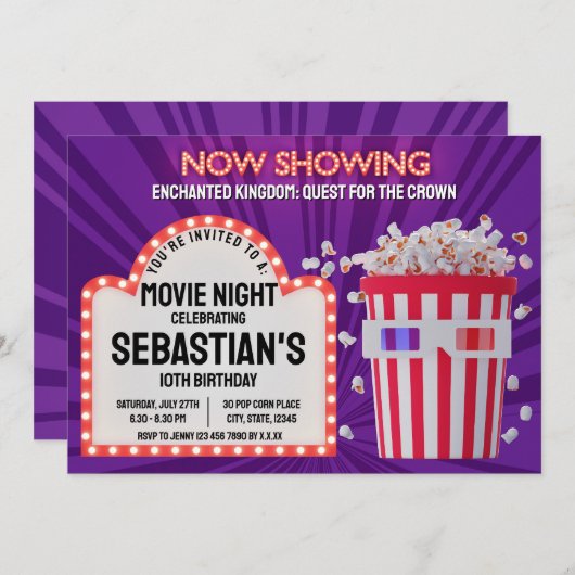 Retro Cinema Sign en Popcorn Verjaardagsfilm Night Kaart (Voorkant / Achterkant)