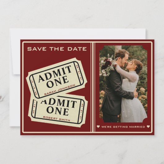 Retro Cinema Theater Geef een ticket Stub Bruiloft Save The Date (Voorkant)