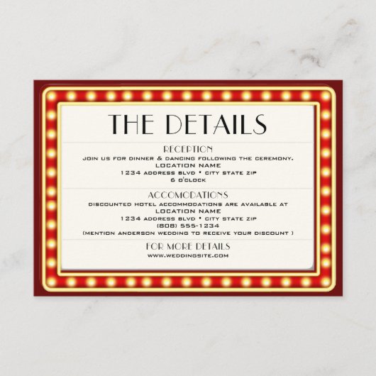 Retro Cinema Theater Marquee Teken Bruiloft Detail Informatiekaartje (Voorkant)