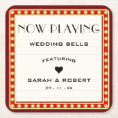 Retro Cinema Theater Marquee Teken Rood Bruiloft Kartonnen Onderzetters (Voorkant)