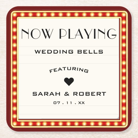 Retro Cinema Theater Marquee Teken Rood Bruiloft Kartonnen Onderzetters (Voorkant)