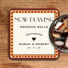 Retro Cinema Theater Marquee Teken Rood Bruiloft Kartonnen Onderzetters