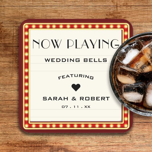 Retro Cinema Theater Marquee Teken Rood Bruiloft Kartonnen Onderzetters