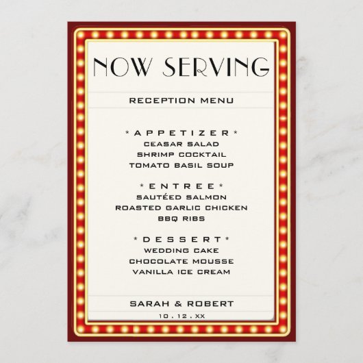 Retro Cinema Theater Marquee Teken Rood Bruiloft Menu (Voorkant)
