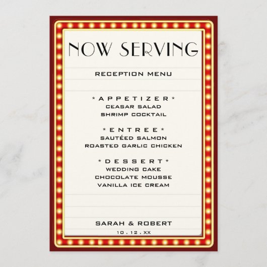 Retro Cinema Theater Marquee Teken Rood Bruiloft Menu (Voorkant)