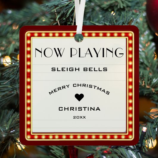 Retro Cinema Theater Marquee Teken Rood Kerstmis Metalen Ornament