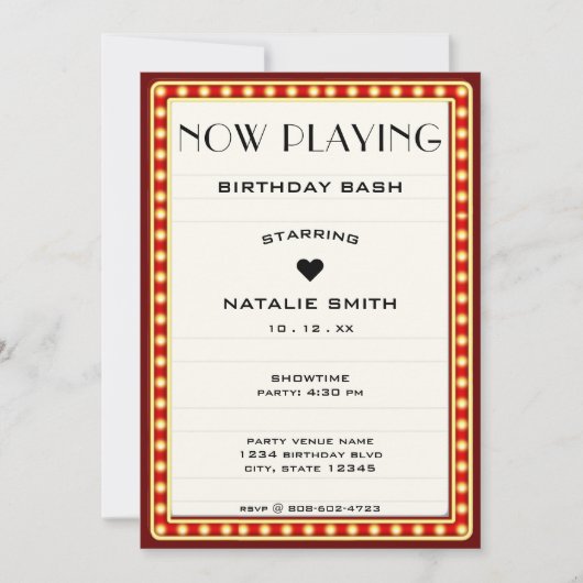 Retro Cinema Theater Marquee Teken Rood Verjaardag Kaart (Voorkant)