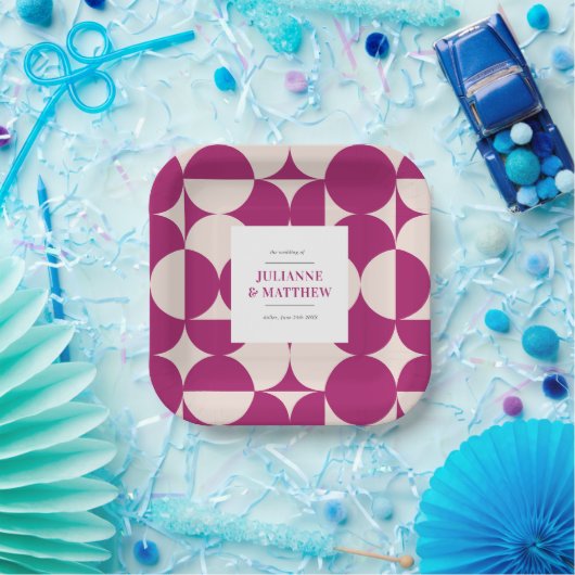 Retro Circle Scallop Mid Century Paarse bruiloft Papieren Bordje (Feest)