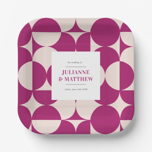 Retro Circle Scallop Mid Century Paarse bruiloft Papieren Bordje (Voorkant)