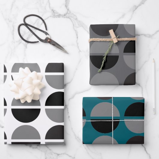 Retro Circles Black and Grey Wrapping Gift Paper (Voorkant)