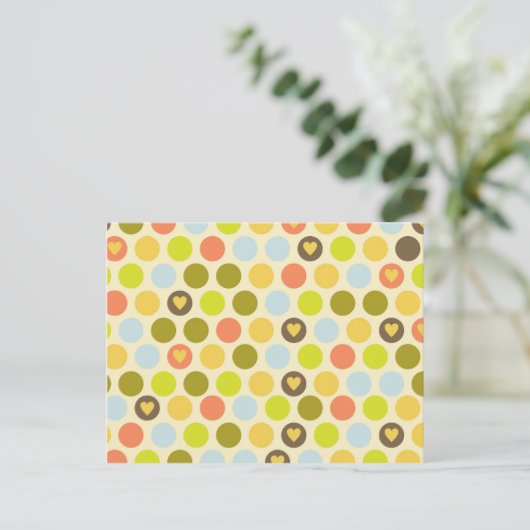 Retro Circles en Hearts Pattern Green Gold Blue Briefkaart (Staand voorkant)
