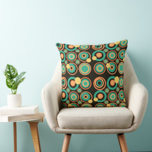Retro Circles Party Sinaasappel Blauwgroen Zwart Kussen