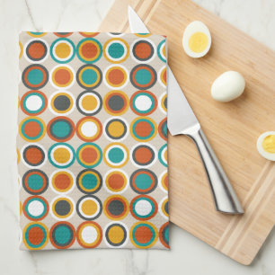 Retro Circles Pattern Oranje  Bruin Blauwgroen Theedoek