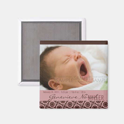 Retro Circles Rosy Brown · Baby aankondiging Magneet (Voorkant / Achterkant)