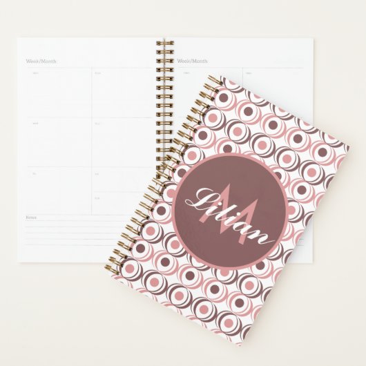 Retro Circular Earthy Tone Pink Monogrammed Planner (Display)