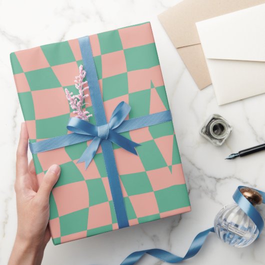 Retro Circus 70s aqua roze golvend geruit Patroon Cadeaupapier (Geschenken)