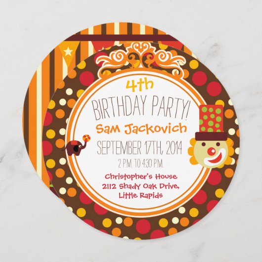 Retro Circus Birthday Cirkel Uitnodiging (Voorkant / Achterkant)