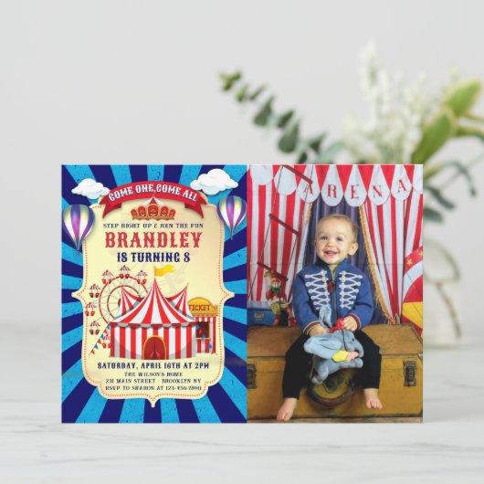  retro circus carnaval verjaardagsfoto kaart (Staand voorkant)