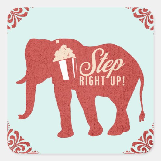 Retro Circus Elephant Popcorn Birthday Party Vierkante Sticker (Voorkant)