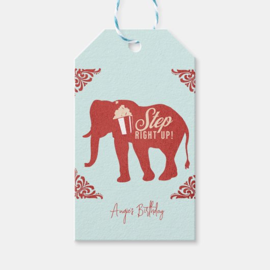 Retro Circus Olifant Popcorn Verjaardagsfeestje Cadeaulabel (Voorkant)