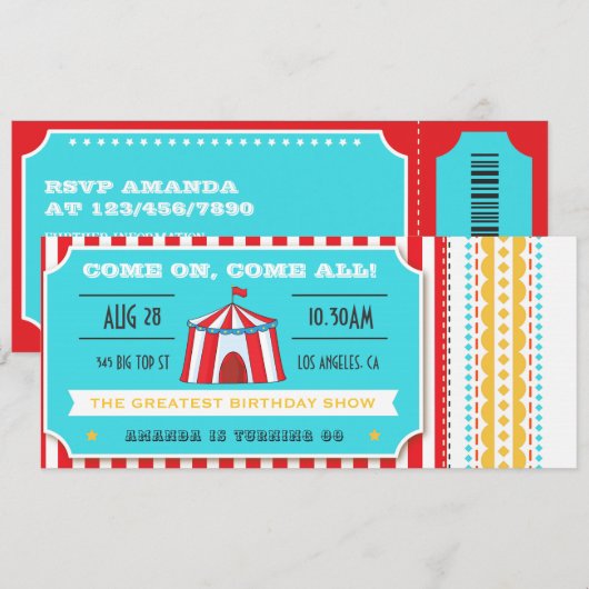 Retro Circus Ticket Kinderverjaardagsfeestje Kaart (Voorkant / Achterkant)