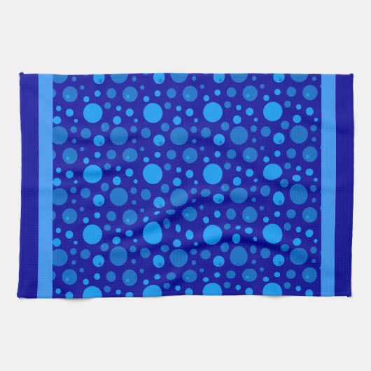 Retro Cirkels en Polka Dots in Blues op Donkerblau Theedoek (Horizontaal)