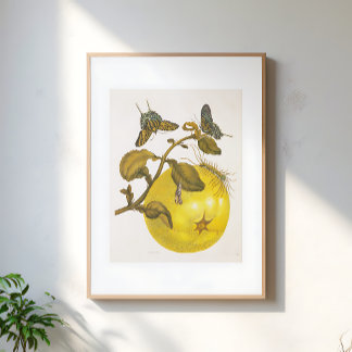 Retro citroenplant met vlinders Geel kunstwerk Poster