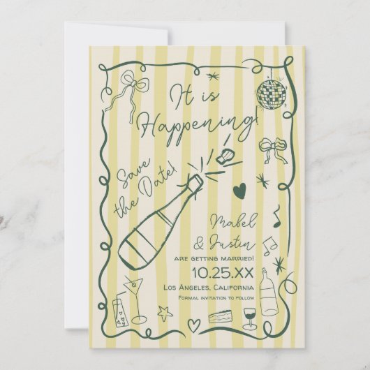 Retro Citrus Green hand drawn photo wedding Save The Date (Voorkant)