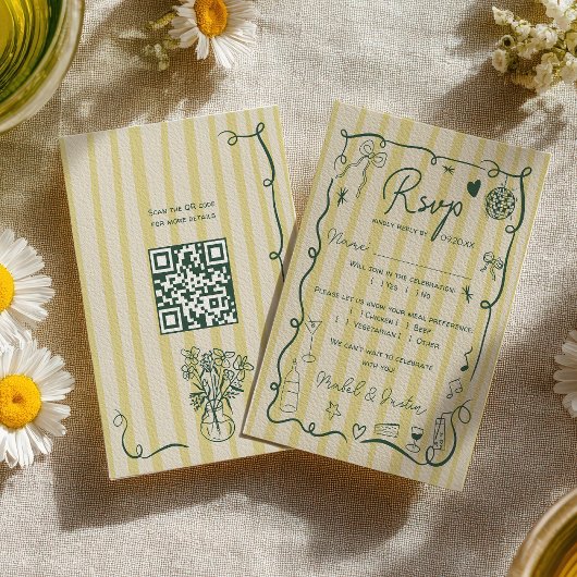 Retro Citrus Green hand drawn wedding QR RSVP Kaartje