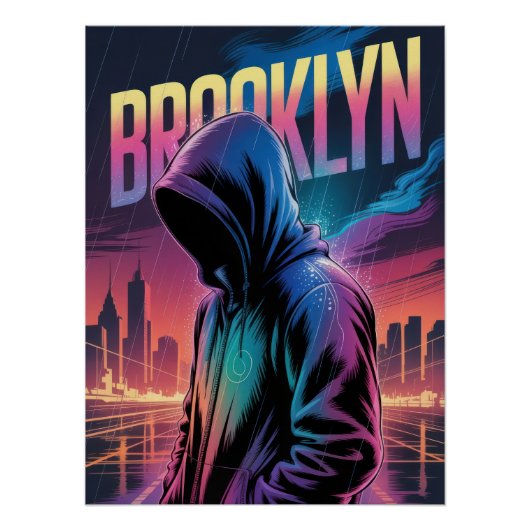 Retro City Night Poster – Vibrant Neon Hooded (Voorkant)