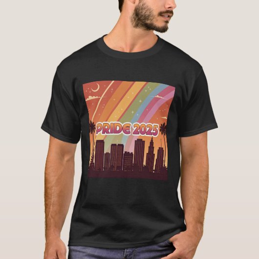Retro City Skyline Pride 2025 Rainbow T-shirt (Voorkant)