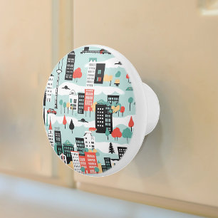 Retro Cityscape Aqua Zwart Rood Keramische Knop